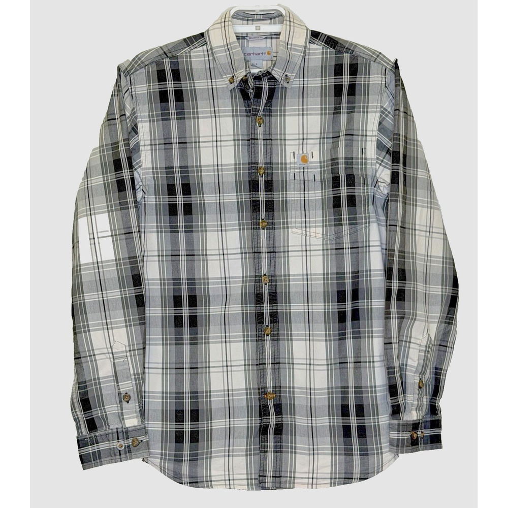 Carhartt Button‎ Down Shirt Mens Small Black White Plaid Relaxed Fit Long Sleeve